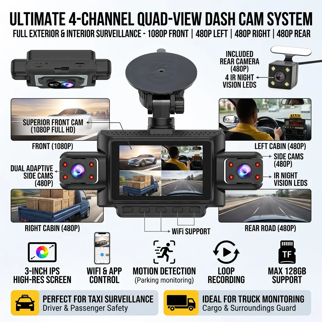 4 Channel Dash Cam 1080P Front and 480P Left Right Rear Quad View DVR WiFi Car Camera 3 Inch Motion Detection Loop Recording