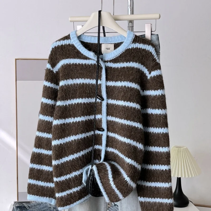 Round Neck Striped Knit Sweater Cardigan Women Horn Button Long Sleeve Loose Fit Outerwear