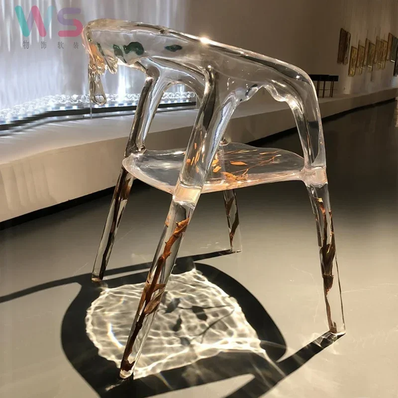 

Роскошные прозрачные обеденные стулья, современная гостиная, индивидуальное кресло, дизайн, кристалл, смола, опавшие листья, стул, мебель, искусство