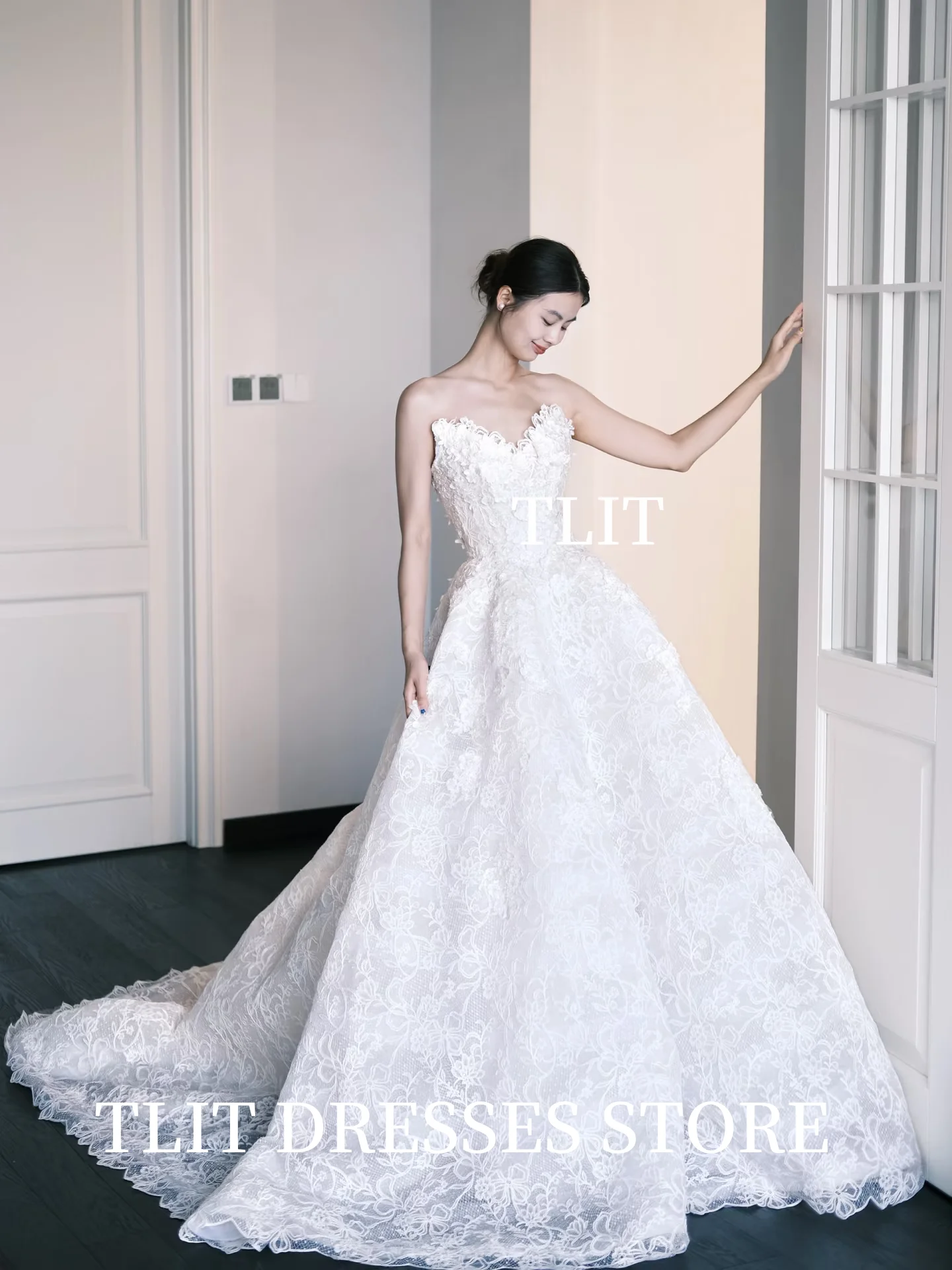 TLIT Элегантные кружевные свадебные платья Корейские свадебные платья Фотосессия с пышным шлейфом Длинные свадебные платья Корсет сзади по индивидуальному заказу