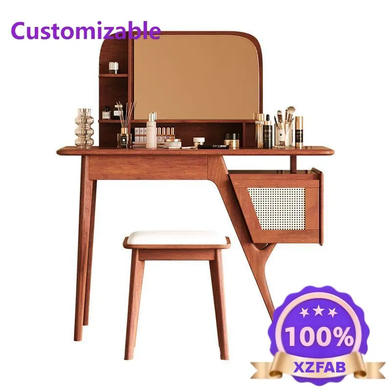 Factory Direct 2026 Retro solid wood rattan dresser modern simple small apartment makeup bedroom home dresser with makeup stool