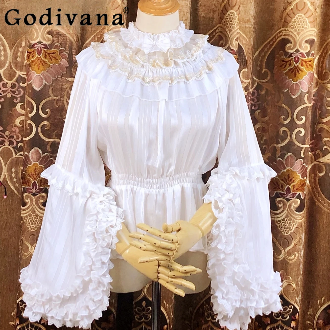 Original Japanese Retro Court Style Lolita Shirt Womens Autumn Slim Fit Elegant Flared Sleeve Chiffon Inside Blouses Tops Mujer