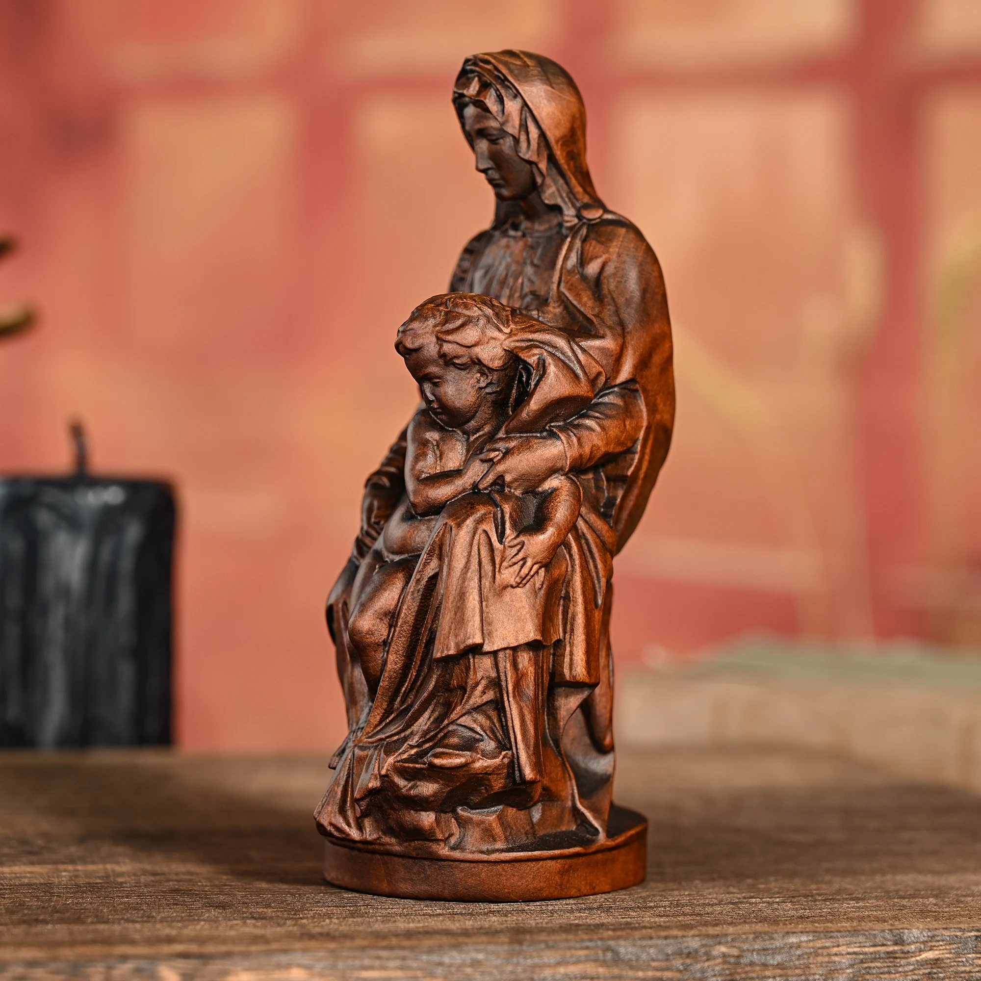 Cross-border solid wood carving crafts ornaments Bruges Our Lady and YS round sculpture statue sacred ornaments