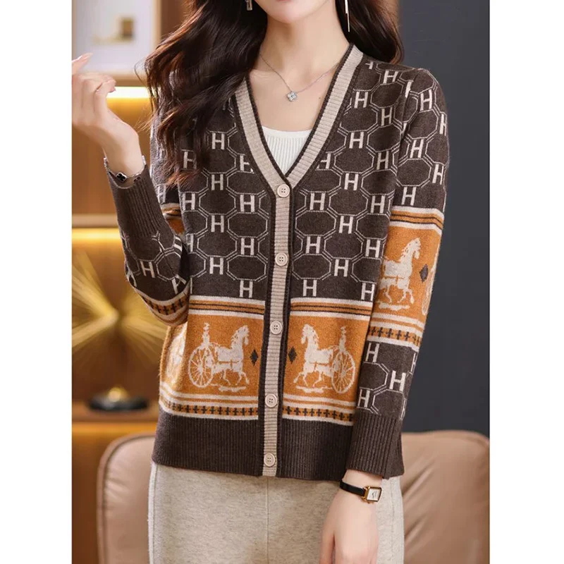 Women Knitwear Vintage Fashion Cartoon Jacquard Cardigan Spring Winter Casual Loose V-neck Commute Sweaters