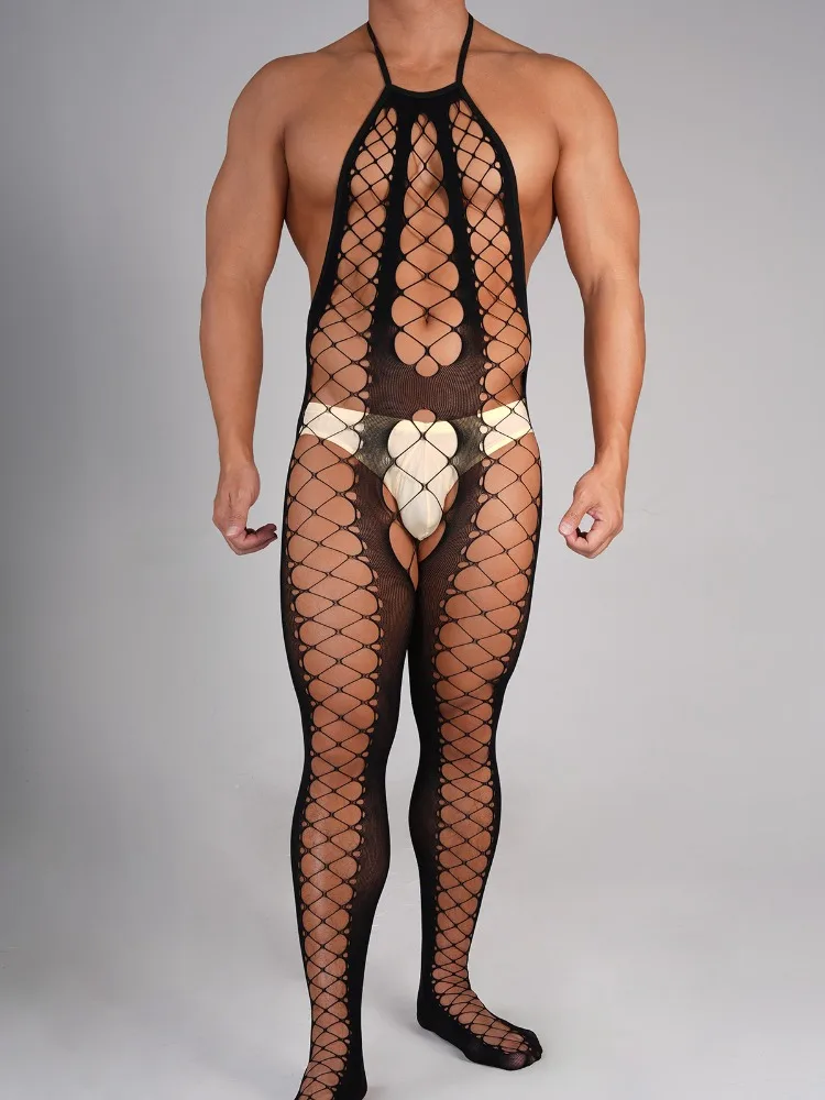 

Sissy Lingerie Mens Fishnet Halter Bodystockings See Through Full Body Footed Pantyhose Gay Male Mesh Bodysuit Night Clubwear