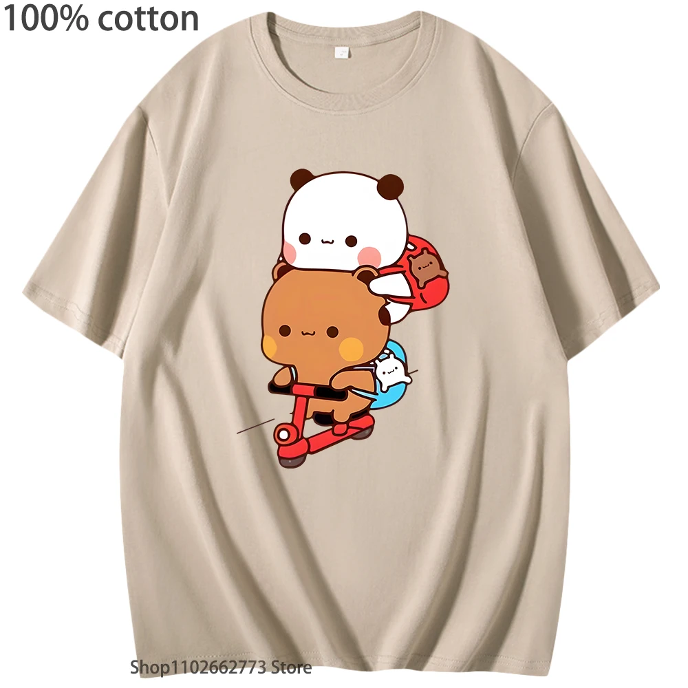 

Panda and Brownie Bear Couple Bike Riding T-Shirts Bubu and Dudu Print Shirt Kawaii Cute Women Tops 100%Cotton Tees Short Sleeve