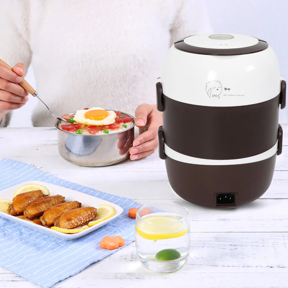 Portable 3 Layers 2L Electric Warmer Lunch Box Lunch Containers Rice Cooker Food Heater with Stainless Steel Bowls