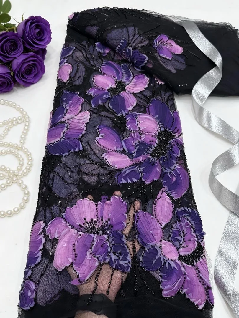 

Африканская кружевная ткань с бусинами, 2025 г., высокое качество, шифоновая вышивка, нигерийская свадебная французская тюль с блестками, кружевная ткань для свадебного платья