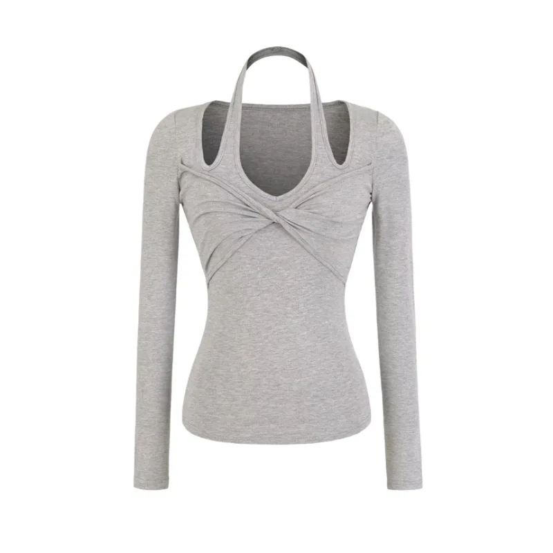 Women's Long-sleeve T-shirt With Chest Twist And Hollow-out Halter Neck Pure Desire Style Sexy Slim-fitting Stretchy Top B17H