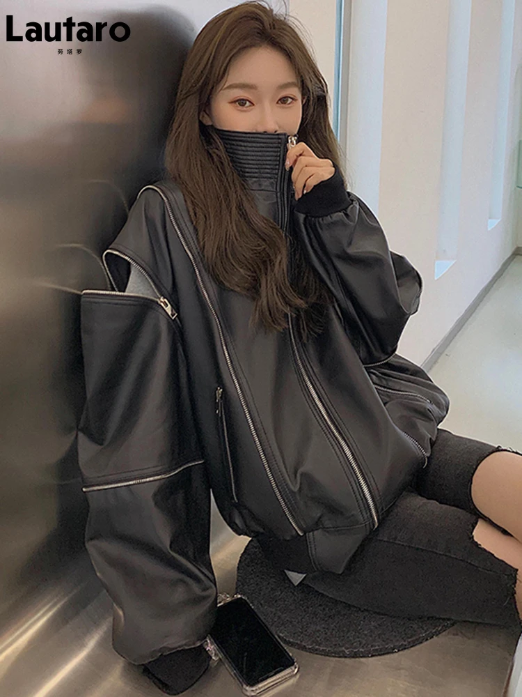 Lautaro Autumn Black Oversized Windproof Soft Faux Leather Jacket Women with Detachable Long Sleeve Zip Up Loose Fashion 2022