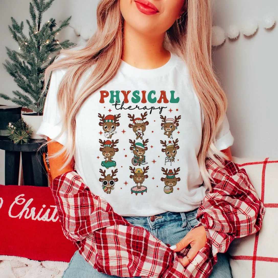 Christmas Physical Therapist Cute Reindeer Pattern Cute Style New Year Short Sleeve O-Neck 90s Fashion Print Casual Style T-Shir