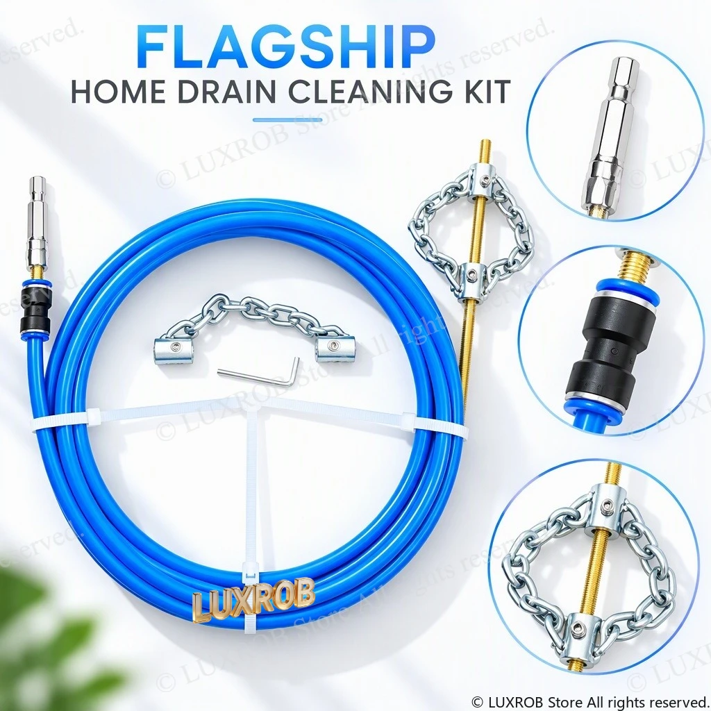 LUXROB Upgraded Drain Cleaning Kit,Galvanized Single&Dual Chain,Nickel-Plated Drill Connector,8mm PE Tube Pipe Clog Remover