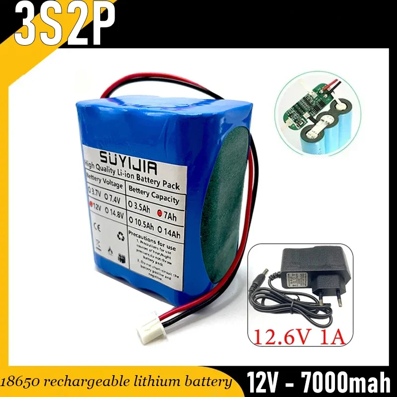 Original 3S2P 18650 Battery 12V 7000mAh Rechargeable Lithium Battery Pack w/ BMS Backup Power Supply for CCTV Monitor Bluetooth