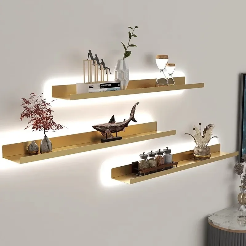 Modern Simple Anti Drop LED Wall Shelf U Shaped Stainless Steel Display Rack One Word Model Decoration Floating Laminated