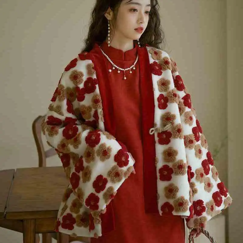 

New Chinese Style Flower Fleece Coat Women Winter Autumn New Year Party Outfit Elegant Cozy Warm Jacket Cute