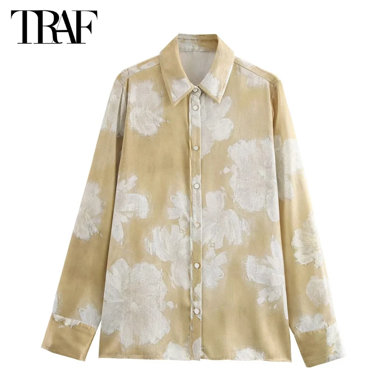 TRAF 2024 Floral Shirts for Women Summer Satin Blouse Female Collar Button up Shirt Woman Long Sleeve Shirts and Blouses Women