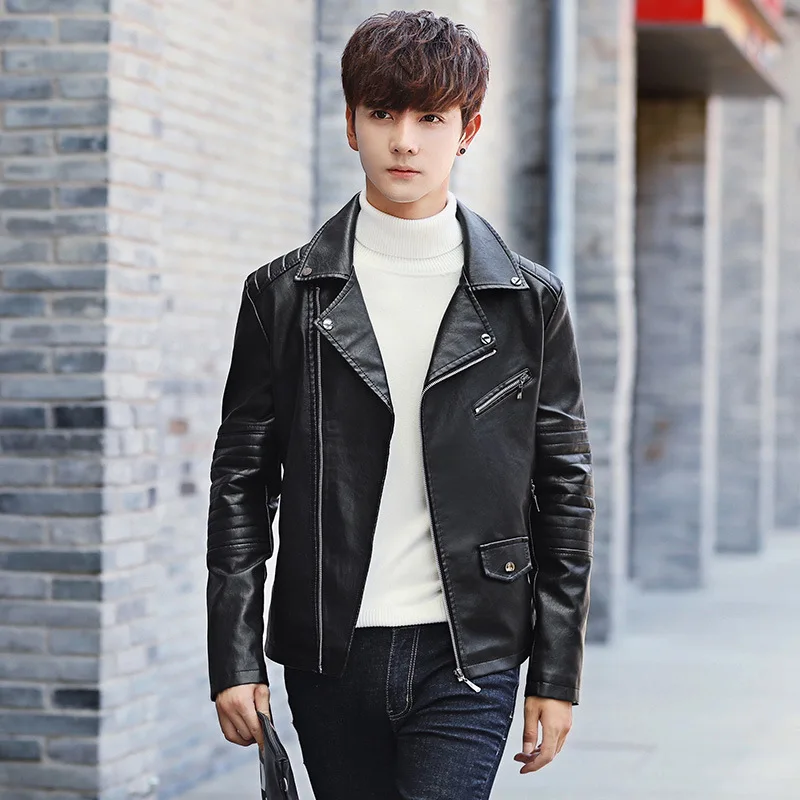 Men's Solid Blazer Jacket Spring Autumn Lapel PU Leather Jacket fashion Slim Fit Korean Coat Male Motorcycle Suit Outwear