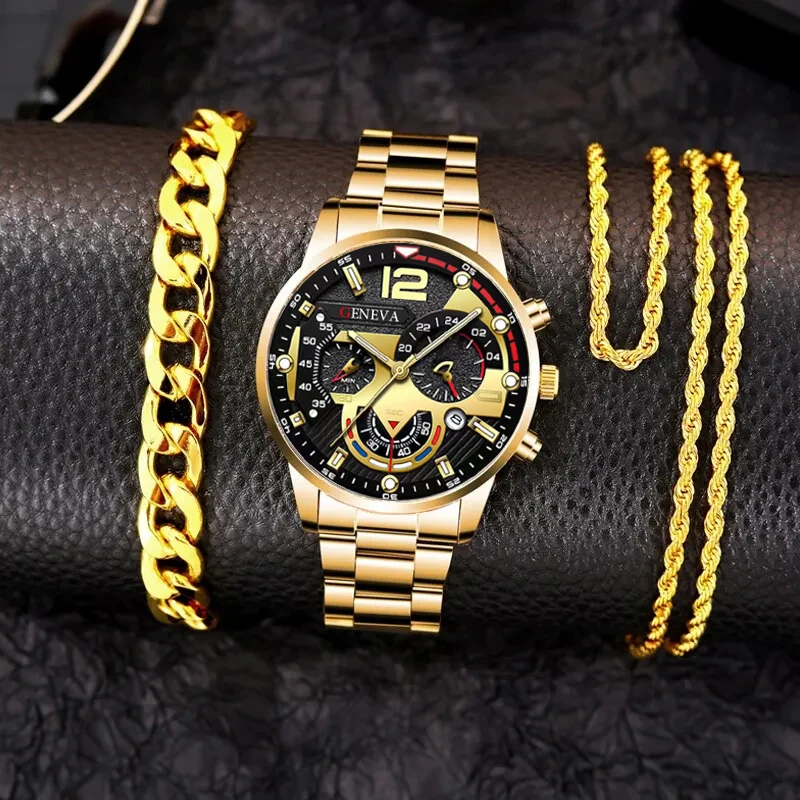 3PCS Set Fashion Mens Business Watches Men Casual Gold Bracelet Necklace Stainless Steel Quartz Wrist Watch Relogio Masculino