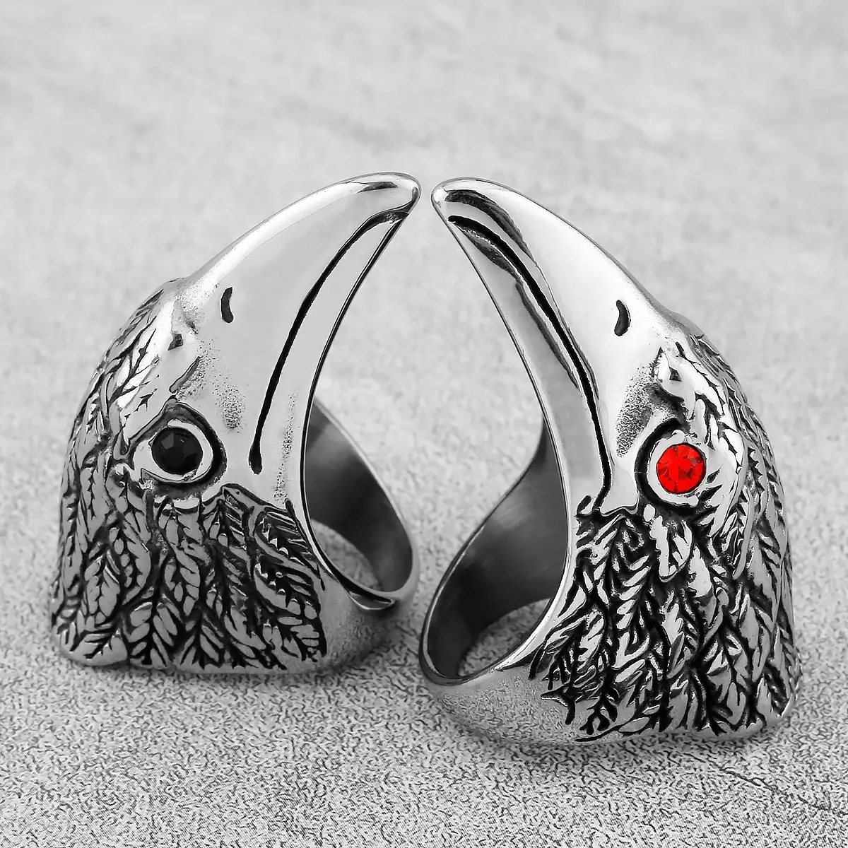 Stainless Steel Man Men Rings Rock Punk Hip Hop Crow Bird Head Red Rhinestone Personality for Male Boy Fashion Jewelry Gift