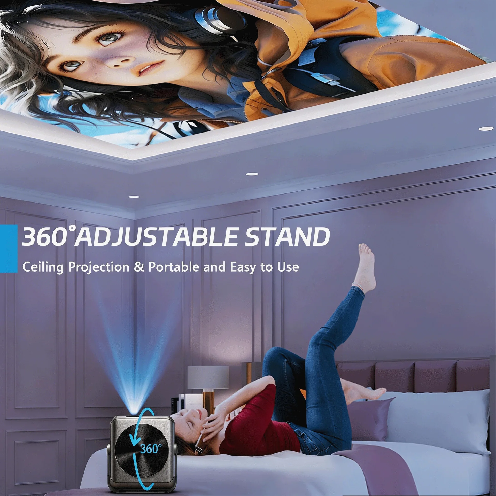 A50 Portable Projector 4K HD 1080P Native 360 Adjustable Stade 50-200 inches Big Screen Proyector for Indoor Film Meeting