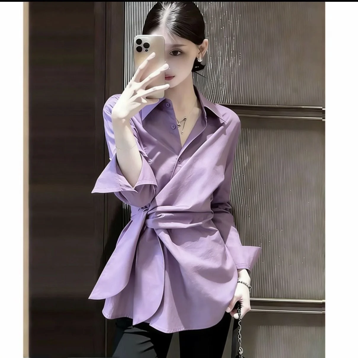 

Pink Chic Waist-Cinching Belted Design Collared Top Spring 2026 Women's Fashionable Shirt Trendy Commute Style Polyester Fiber