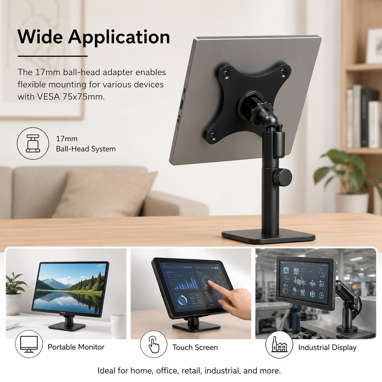 Portable Monitor Bracket for Vesa 75 Hole Pitches to Cellphone 17mm Ball Head Screen Touch Monitor Bracket Replacement