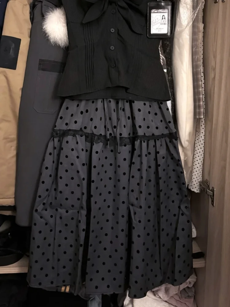 New Vintage Aesthetic Grey Design Polka Dot Skirts Women American Retro Cute Skirts Japanese A-line Lace Korean Popular Clothes