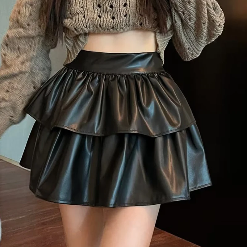 

Leather skirt Women's cake skirt PU leather Sweet Versatile Slim High waisted