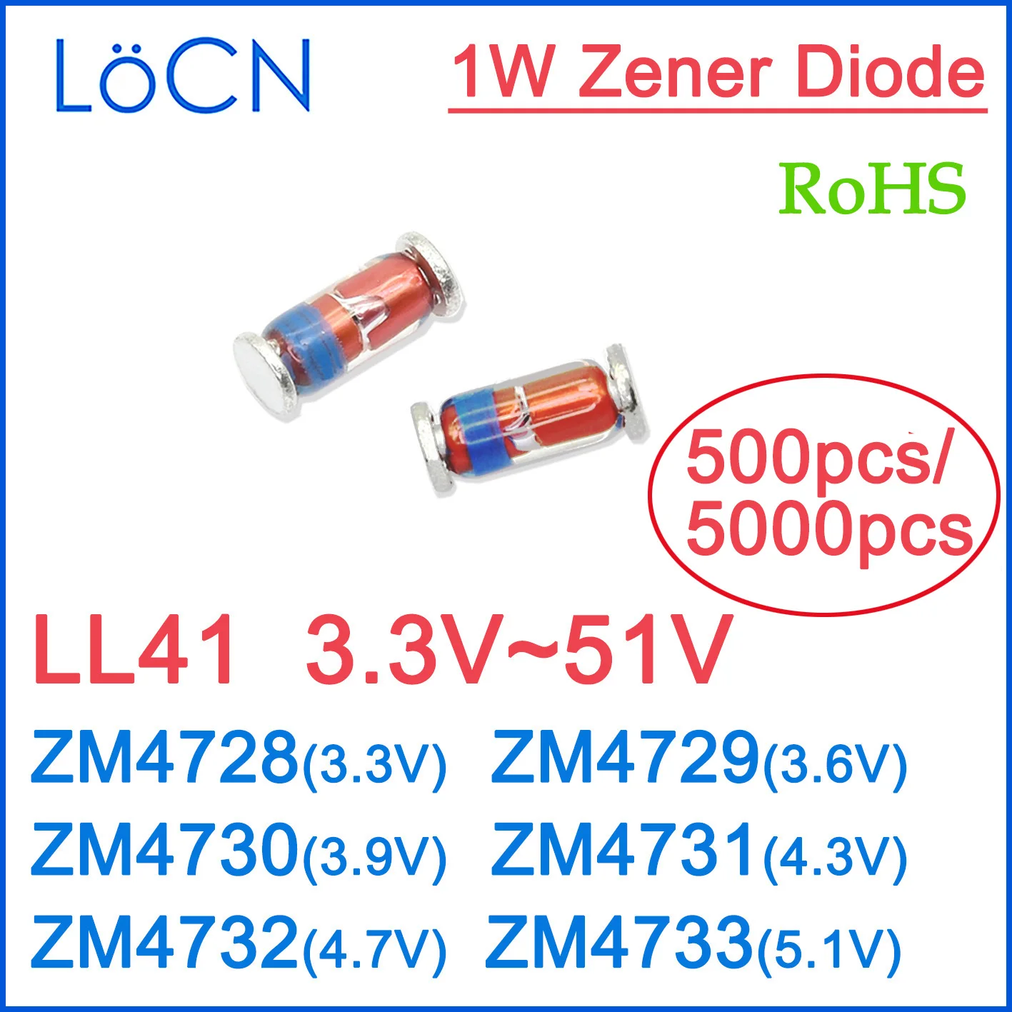 LL41 3,3 V 3,6 V 3,9 V 4,3 V 4,7 V 5,1 V ZM4728 ZM4729 ZM4730 ZM4731 ZM4732 ZM4733 1W SMD Diodos Zener ROHS alta calidad 500 5000 Uds