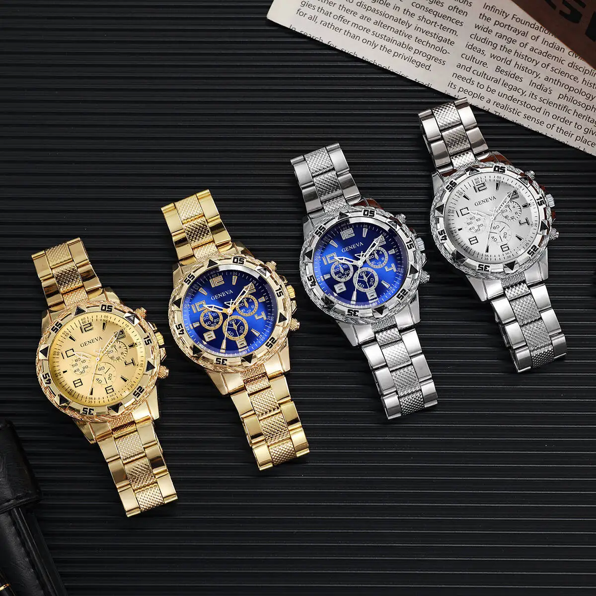 4PCS Men Business Watches Fashion Large Dial Analog Quartz Watch for Men Clock Gift Relogios Masculino（Without Box）