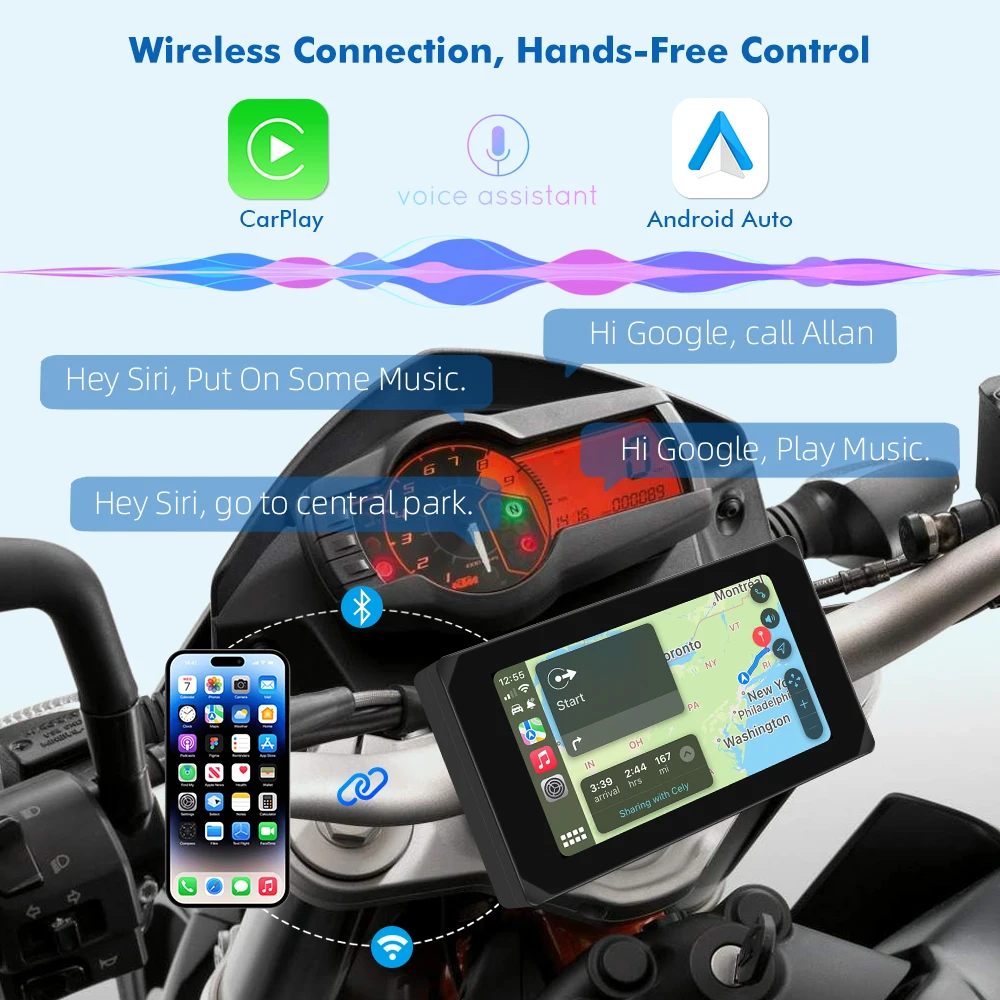 VSYS Carplay Android Auto Motorcycle DVR GPS Navigation 5.0'' Touch Screen with Front Rear 1080P Cameras TPMS Parking Mode WiFi