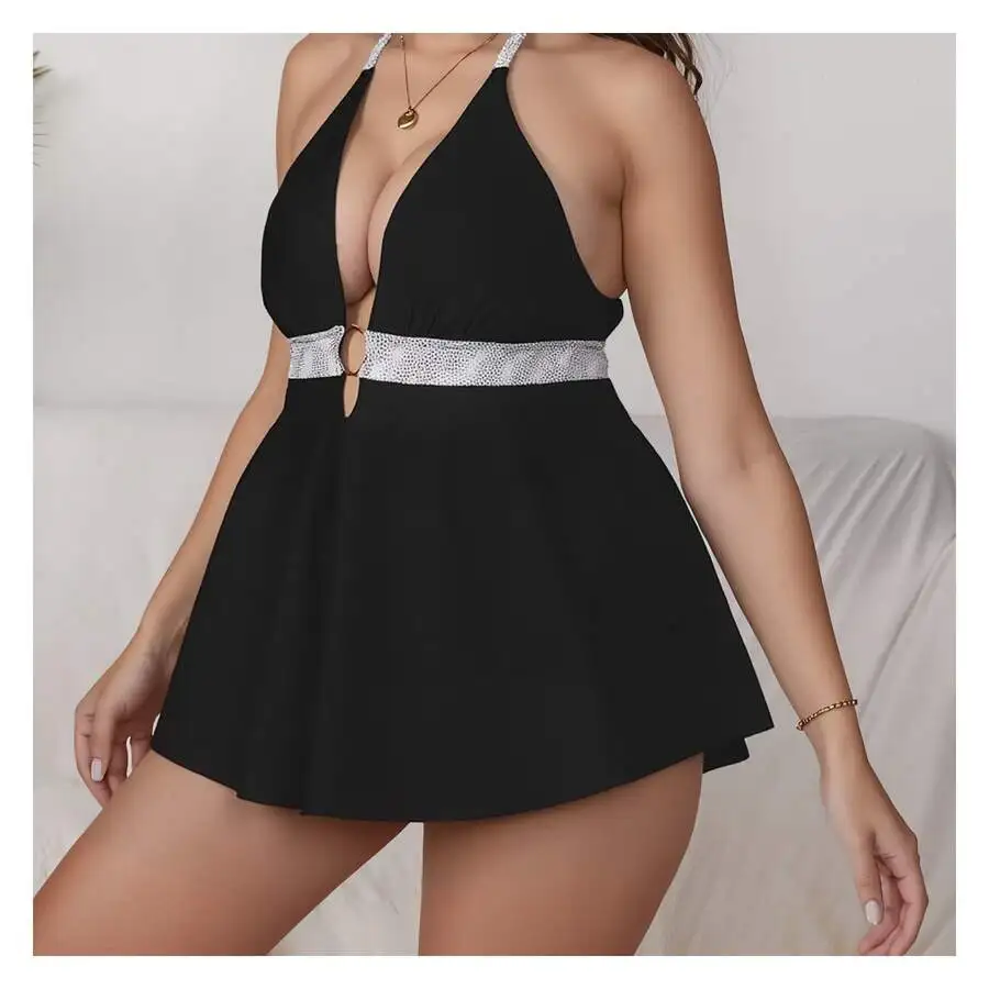 

Rhinestone Halter One Piece Swim Dress For Women Tummy Control Bathing Suit Beach Pool Summer