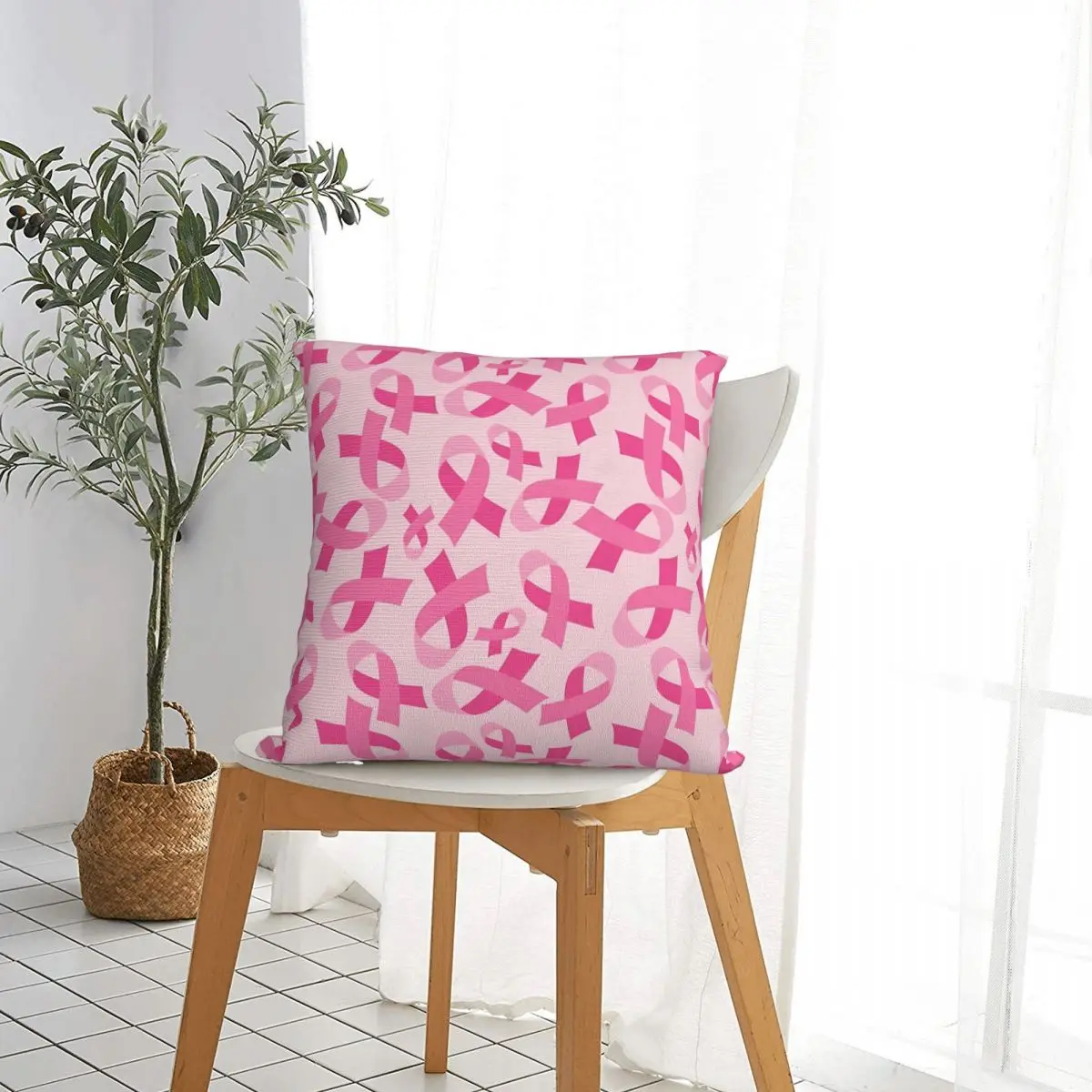Breast Cancer Awareness Month Square Pillow Case Ribbon Cushion Covers Vintage Polyester Decorative Pillowcase for Car 45x45cm