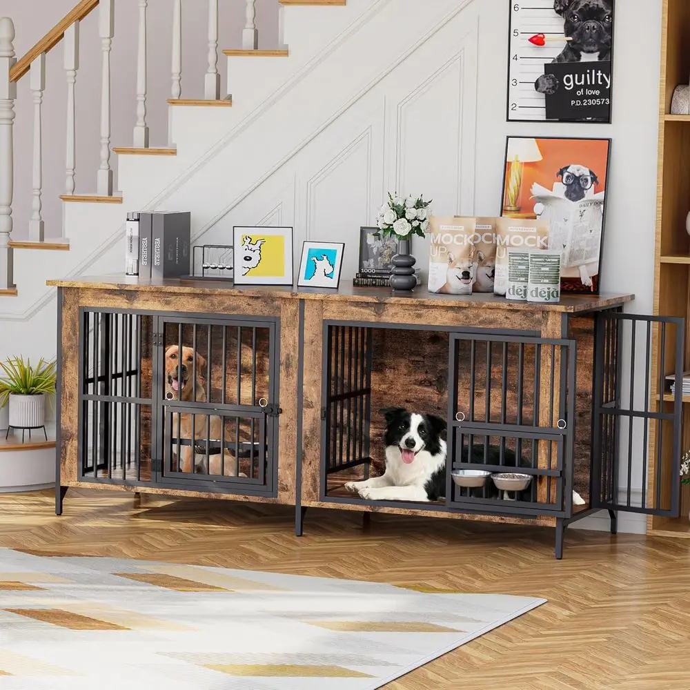 

Large Double Dog Crate with 360° Rotating Bowls, Indoor Wooden Kennel Stand, Removable Divider for Two Dogs