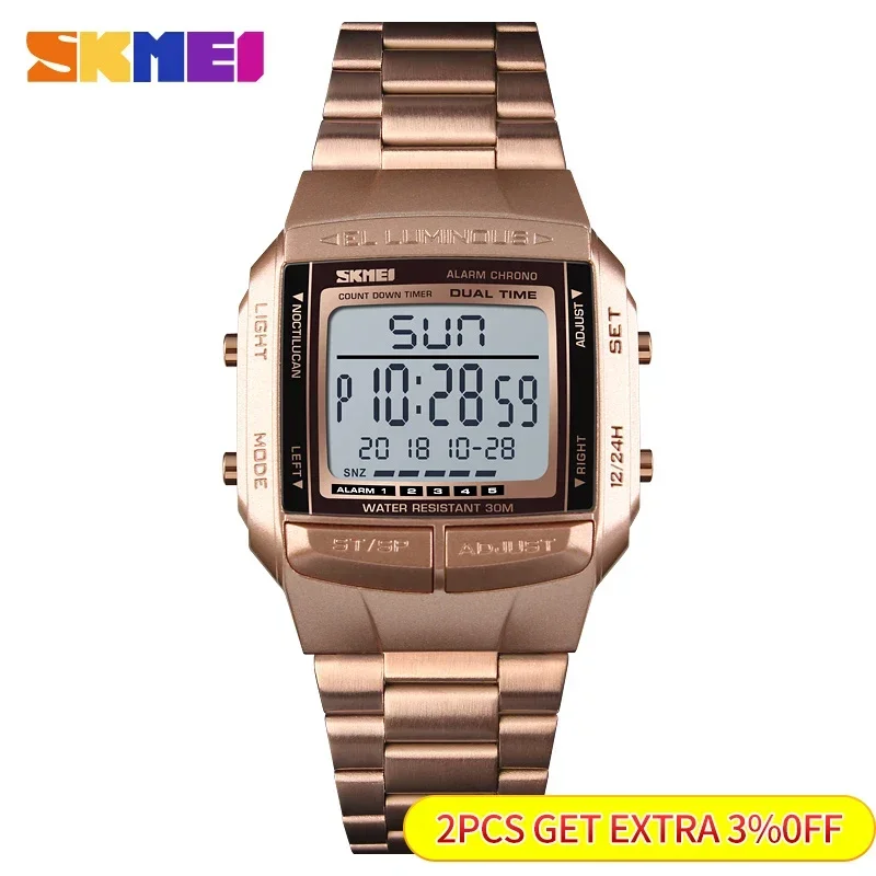 SKMEI Large Dial Glass Mirror Clock Fashion Outdoor Relogio Masculino Sports Watch Men Digital Alarm Clock Countdown Watch 1381