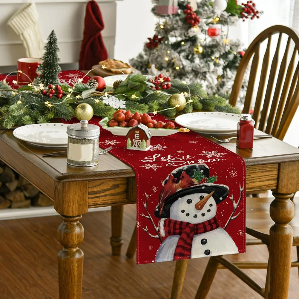 Christmas Red Snowman Linen Table Runners Winter Xmas Party Decor Farmhouse Home Dining Table Runners Holiday Party Decorations