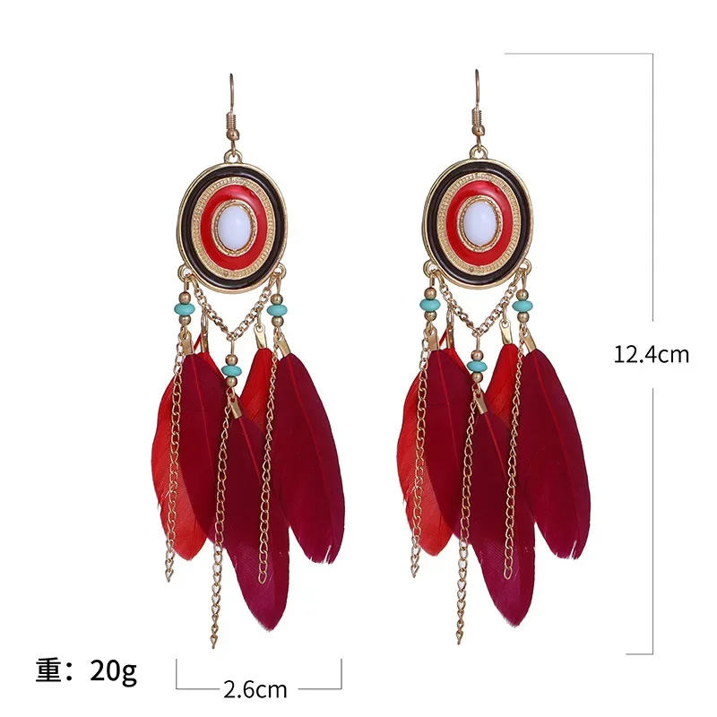 Bohemian Colorful Feather Dangle Earrings For Women Ethnic Long Chain Tassel Drop Earring Girls Vacation Jewelry Gift