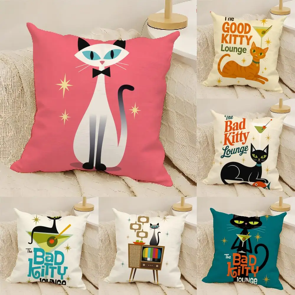 Mid Century Retro Black Cat Cushion Cover Natural Linen Organic Fabric Double-Sided Printing Sofa Home Decor Gift Pillow Cover