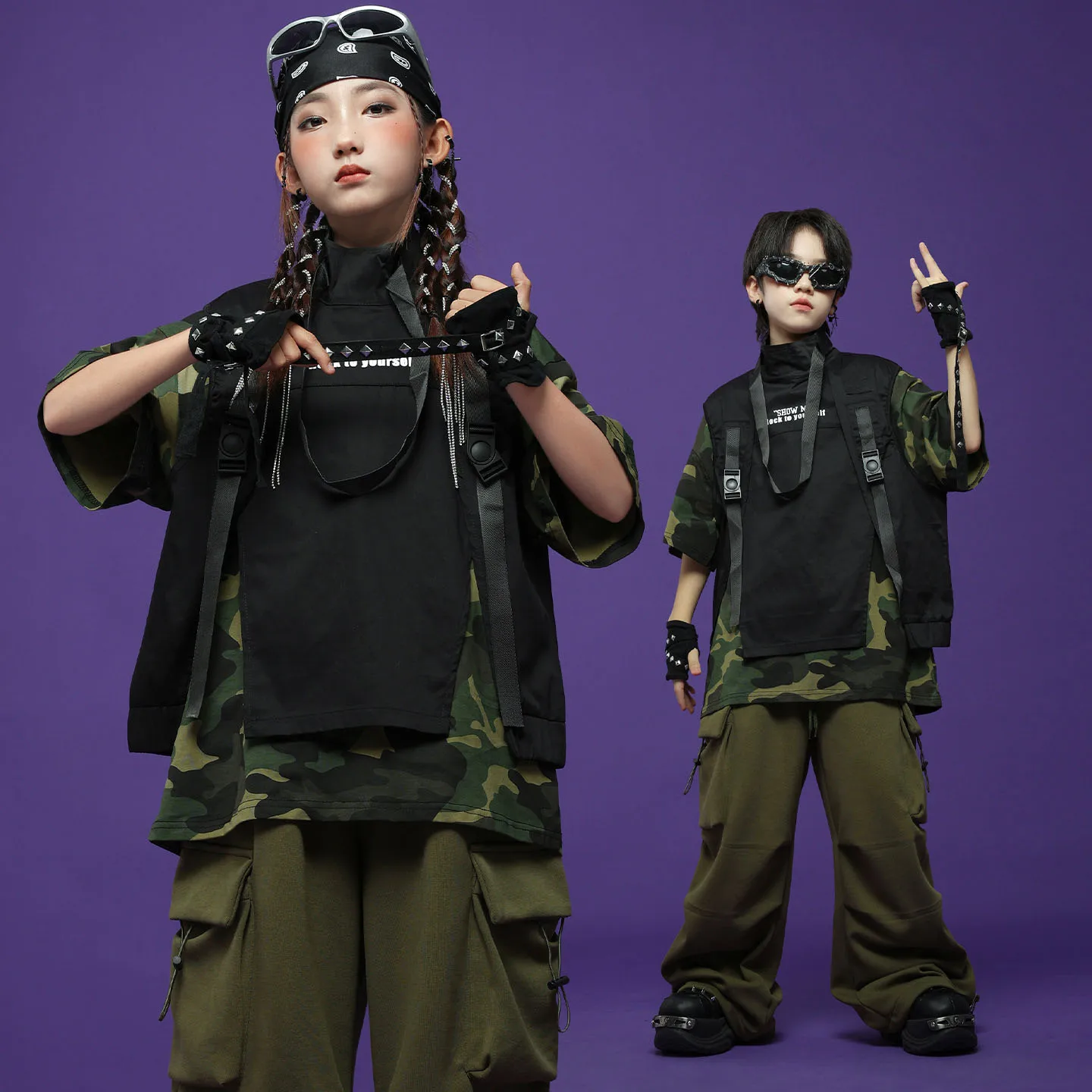 Abbigliamento Hip Hop per bambini Giacca senza maniche nera Gilet T-shirt mimetica Pantaloni cargo casual verde militare per abiti da ballo per ragazza ragazzo