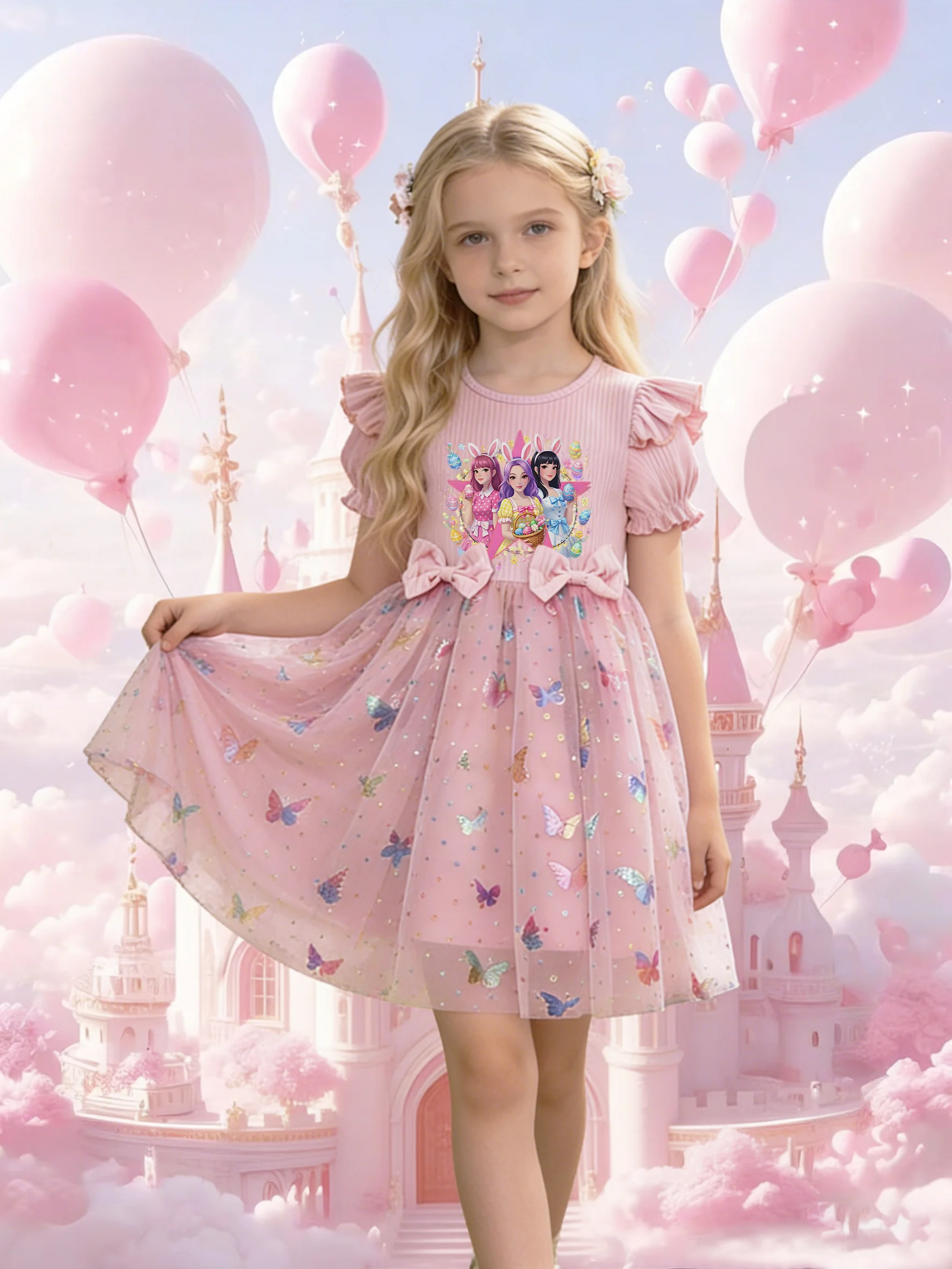 Cartoon Girl Group Printed Dress for Girls, 3D Butterfly Sequin Princess Dress