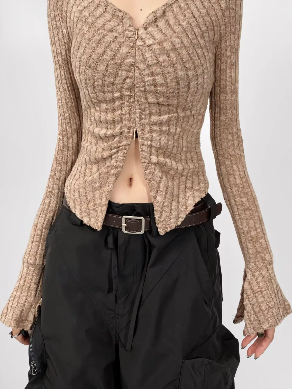 

Retro Sle Slim Fit ort Knitted Cardigan Women's Faion Folded Collar Long Sve Waist Cinched Base irt for Teen Girls