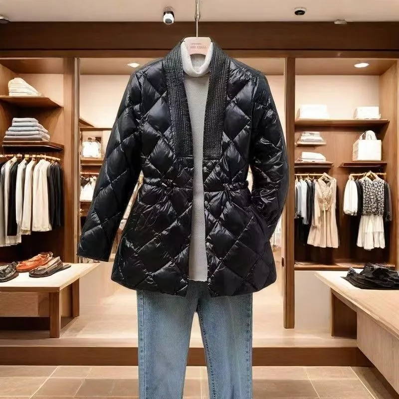 

2026 New Medium and Long Light Luxury Autumn Winter Fashion Light Rhombus Cotton Clothes Women's Temperament Waist Cotton Coat