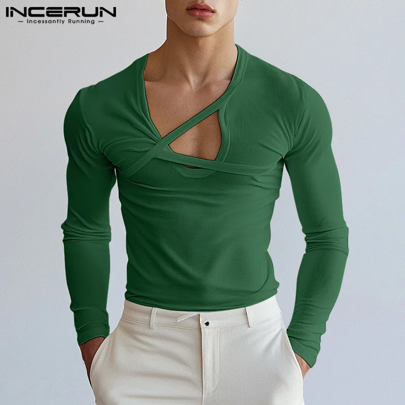 INCERUN Men Casual Long Sleeve Tops 2024 Autumn Simple Well Fitting T-shirt Solid Color Deconstruction Knitted Handsome Camiseta