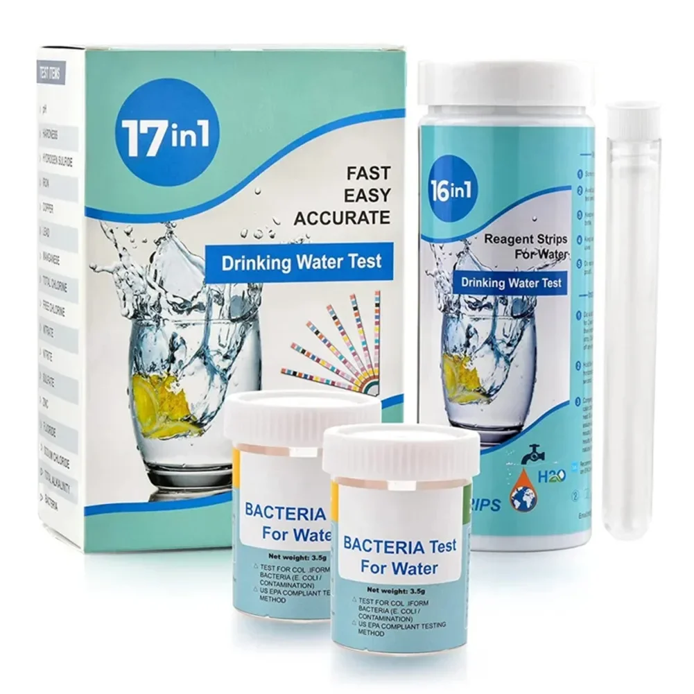 Comprehensive 17 in 1 Drinking Water Test Set Featuring 100 Strips and 2 Bottles for Home Water Safety Assessment