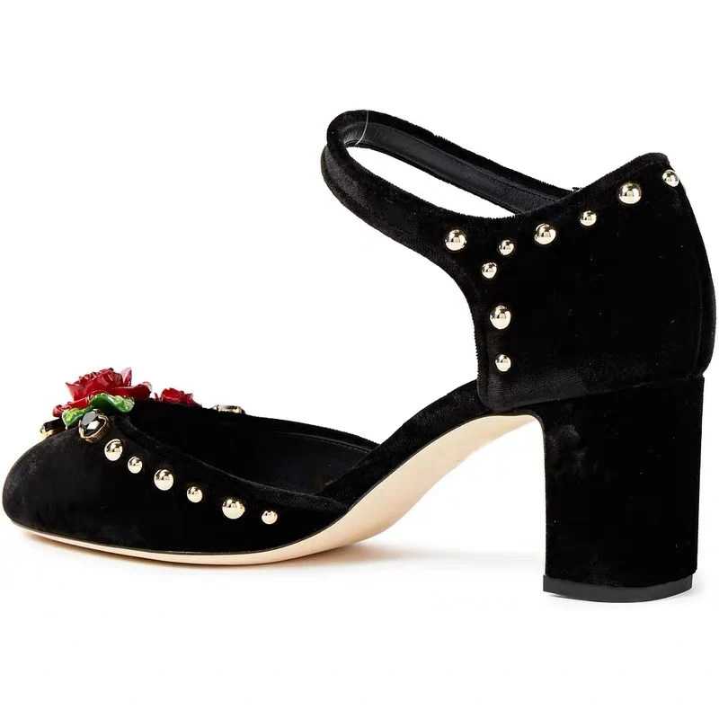 Summer Designer Rhinestone Rose Embellished Velvet Buckle High Heels Pumps Buckle Hollow Retro Rivet Luxury Mary Janes Shoes