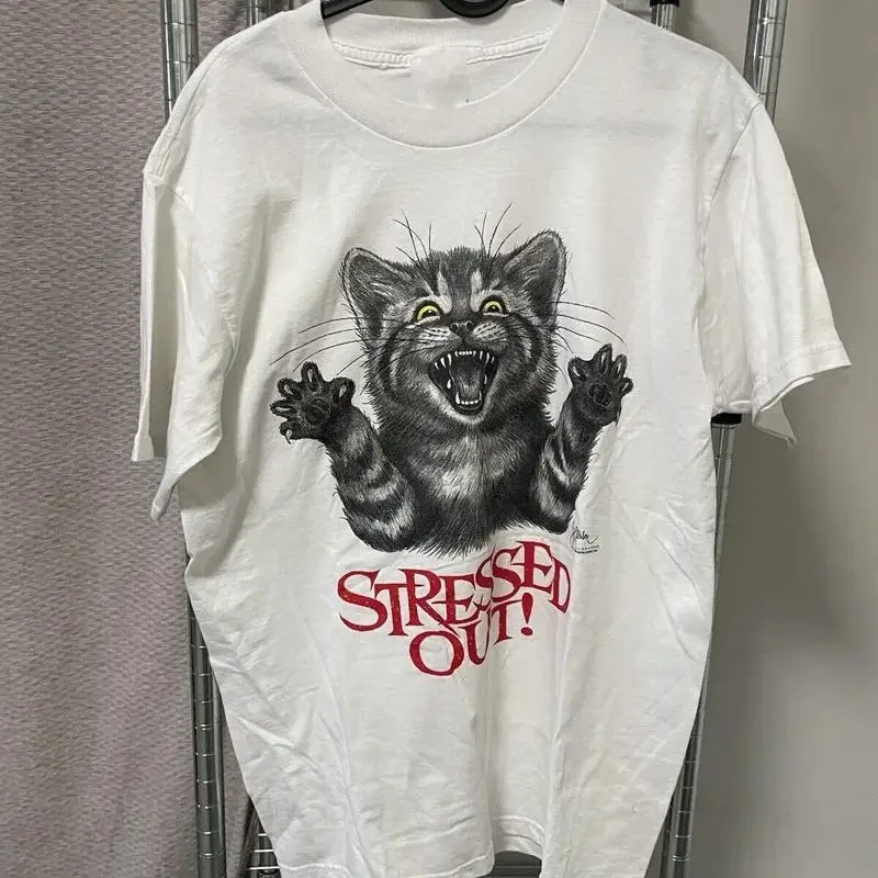 Stressed Out Cat T Shirt White Mens Size S 4Xl