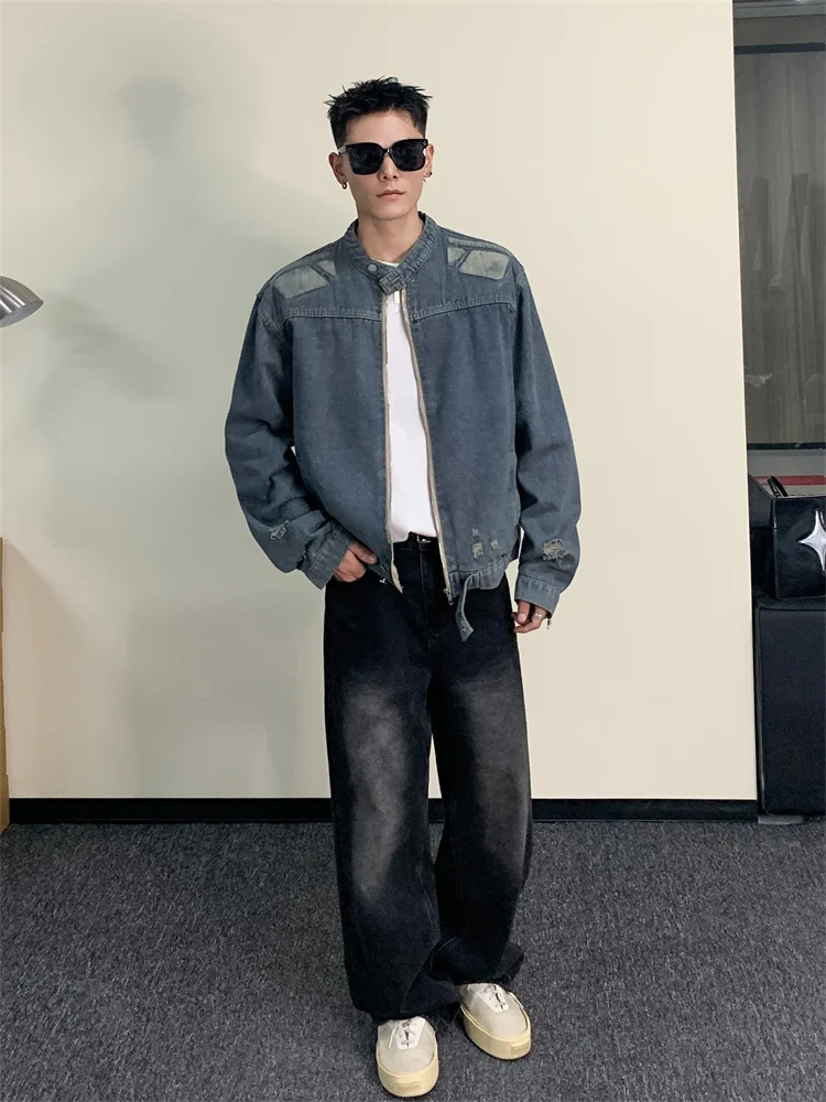 

Retro American Waed Denim Jaet Men's High Street Trendy Brand 3D Emed Motorcycle Jaet Loose Fit Youth Faion
