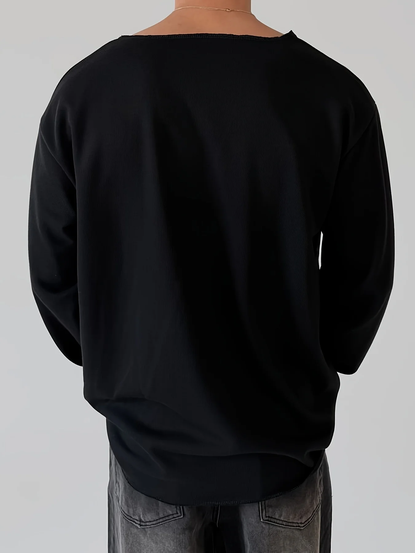Herren-T-Shirt mit langen Ärmeln, einfarbig, gerippt, locker geschnitten, Oversize, Rundhalsausschnitt, Pullover, lässiger Streetstyle, Basic-Oberteil für Herren – Detail 7