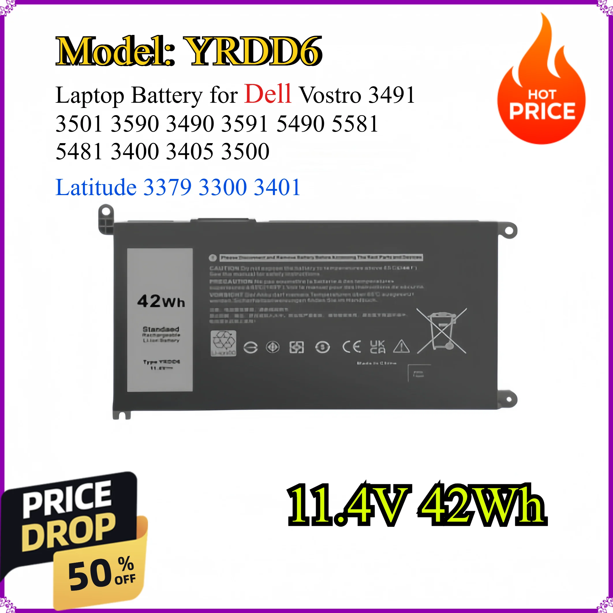 

YRDD6 11.4V 42Wh Laptop Battery for Dell Vostro 3491 3501 3590 3490 3591 5490 5581 5481 3400 3405 3500 Latitude 3379 3300 3401
