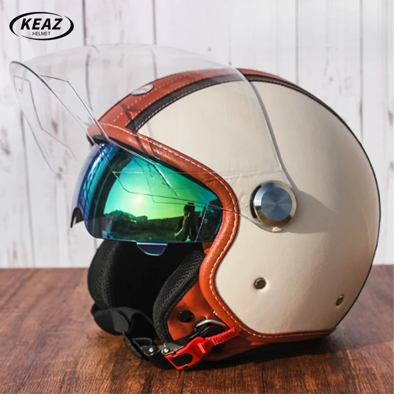 KEAZ Newest Retro Helmet Autumn Winter Cruise Motorcycle Half Helmet Men Women Electric Vehicle Thermal Helmets Long Visor